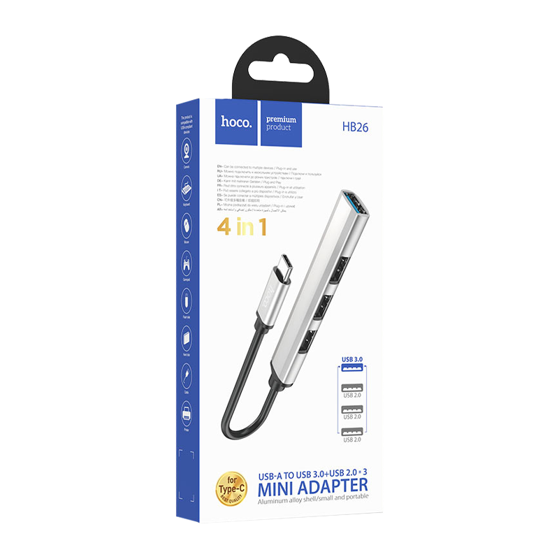 USB-Хаб HOCO HB26 4USB Type-C (m) USB3.0 серебряный (1/18/180)