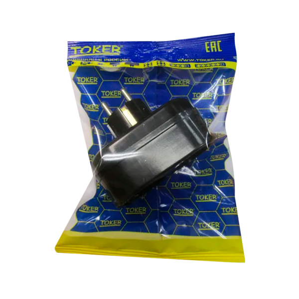 Разветвитель Toker 2Т 2р.С/З в индивидуальной упаковке с подвесом черный (1/50)