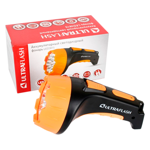 Фонарь туристический Ultraflash LED3815 2W 15LED от аккумулятора IP22 прямая подзарядка черный желты