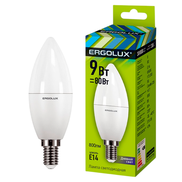 Лампа светодиодная Ergolux C35 E14 9W 6500К 172-265V свеча (1/10/100)