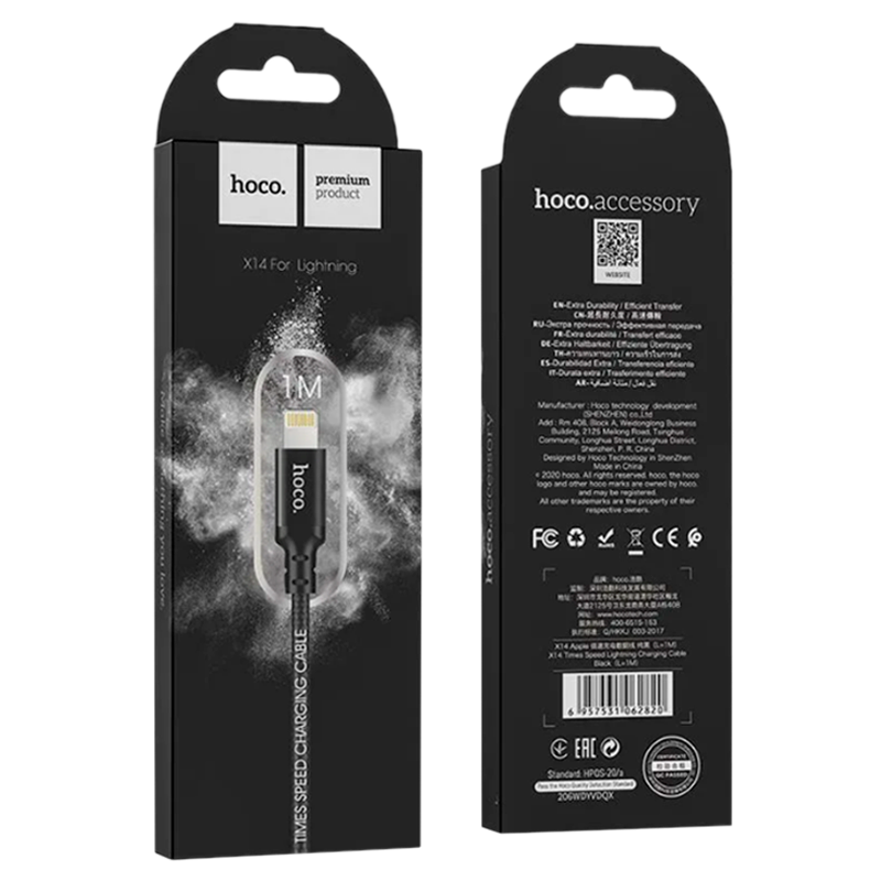 Кабель HOCO X14 USB (m)-Lightning (m) 1.0м 2.0A нейлон черный (1/33/330)