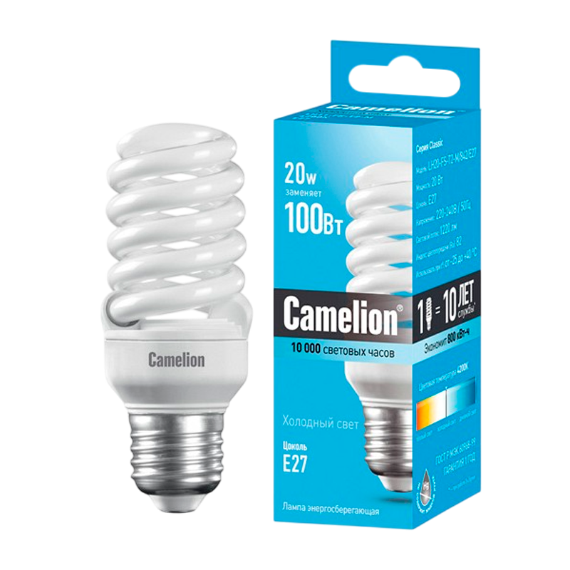 Лампа энергосберегающая Camelion T2 E27 20W 4200К 220-240V спираль (1/5/25/100)