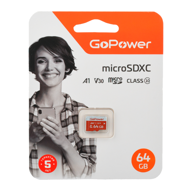Карта памяти microSD GoPower 64GB Class10 UHS-I (U3) 100 МБ/сек V30 без адаптера