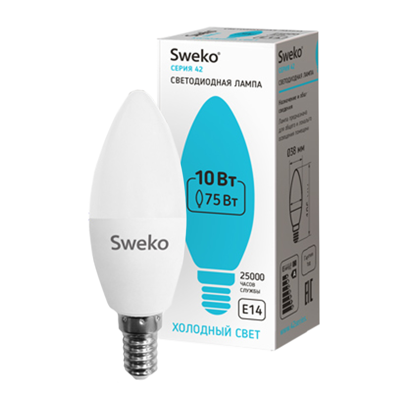 Лампа светодиодная Sweko C35 E14 10W 4000К 230V свеча (1/5/100)