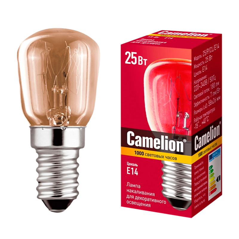 Лампа накаливания Camelion Е14 25W 220-240V цилиндр для холодильников прозрачная (1/10/50)