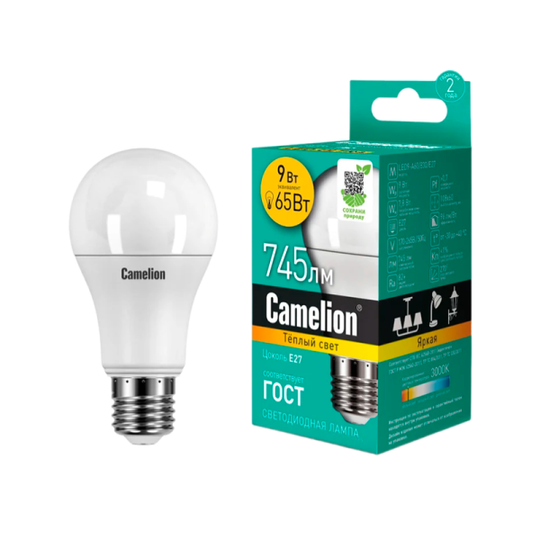 Лампа светодиодная Camelion A65 E27 9W 3000К 170-265V груша матовая (1/10/100)