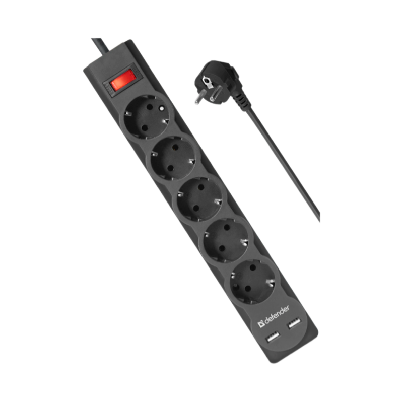 Сетевой фильтр Defender DFS 753 5р.С/З 10A 2USB 220 Дж 3.0м черный (1/30)