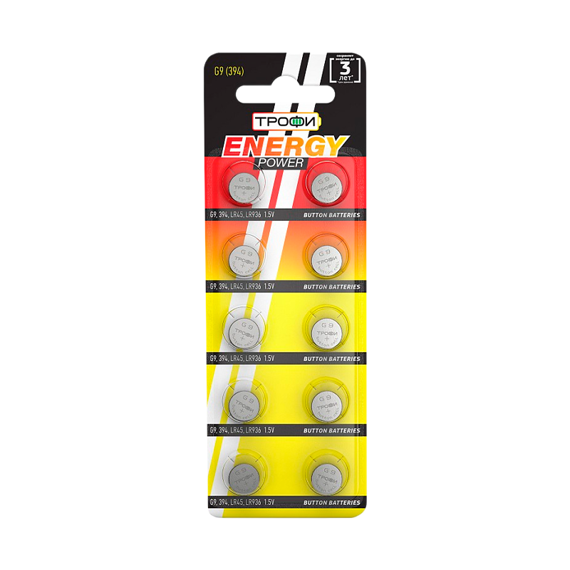Батарейка Трофи G9/LR936/LR45/394A/194 BL10 Alkaline 1.55V (10/200/1600)