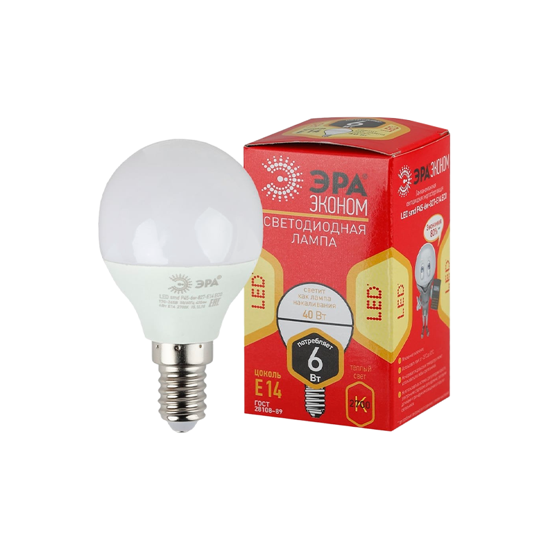 Лампа светодиодная ЭРА P45 E14 6W 2700К 220-240V шар Eco (1/10/100)