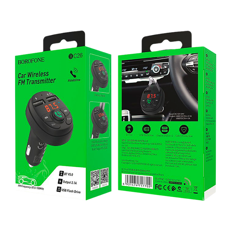 FM-трансмиттер Borofone BC26 2USB microSD bluetooth 4.2 черный (1/30/120)