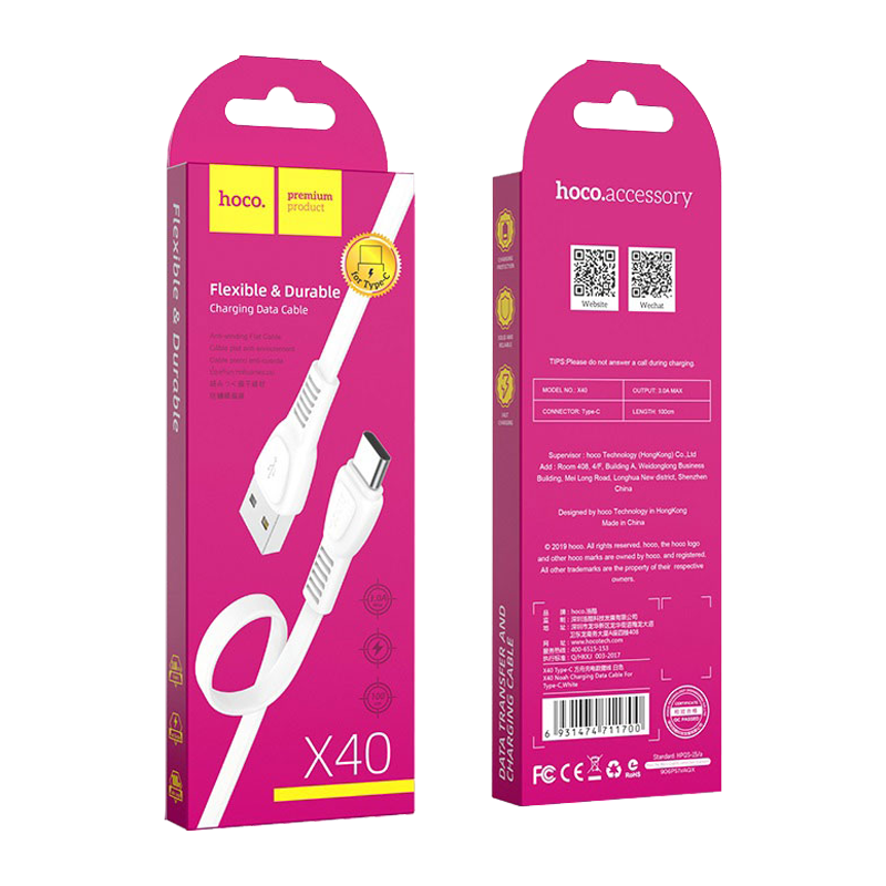 Кабель HOCO X40 USB (m)-Type-C (m) 1.0м 2.4A TPE белый (1/33/330)