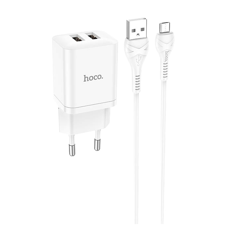 Сетевое З/У HOCO N25 2USB 2.1A с кабелем microUSB белый (1/13/130)