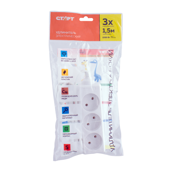 Удлинитель Старт S 3р.Б/З 10A 1.5м IP20 белый (1/20)