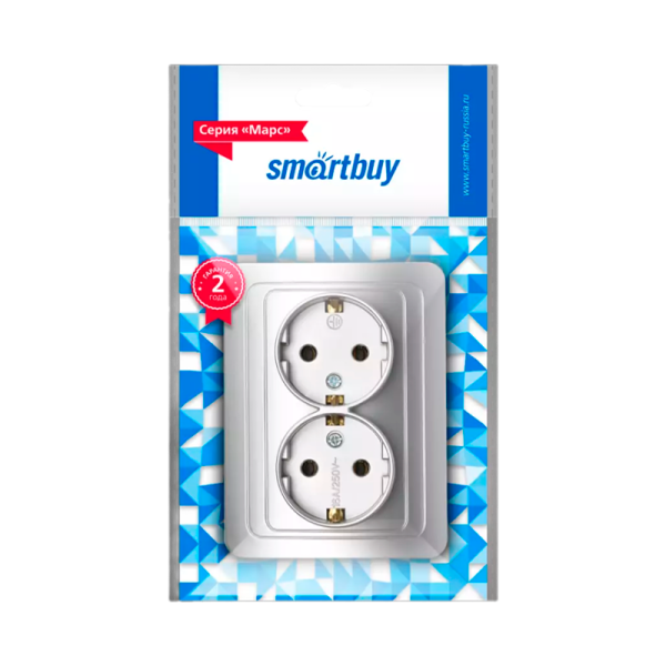 Розетка Smartbuy 2-местная с заземлением 16А серебро "Марс"