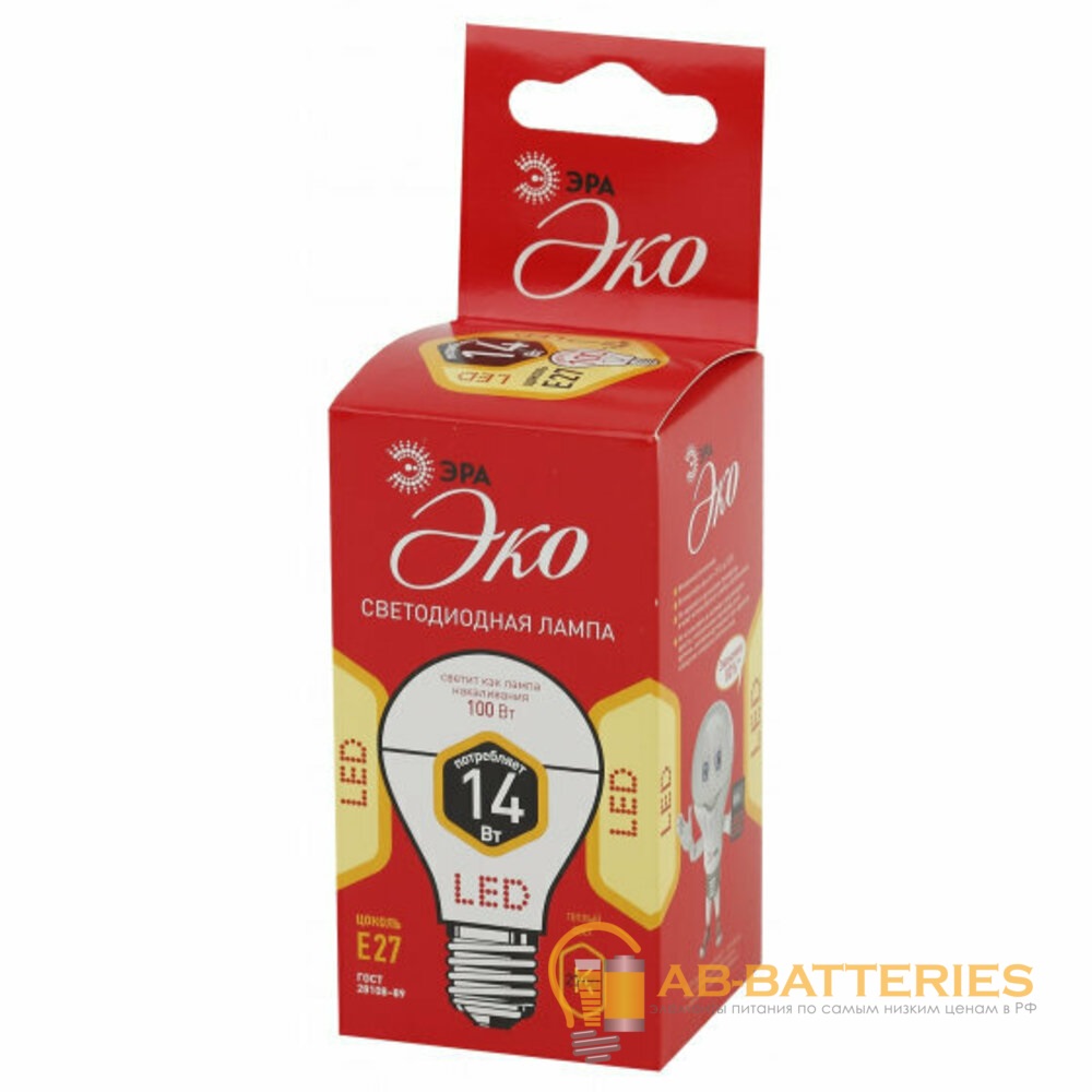 Лампа светодиодная ЭРА A60 E27 14W 2700К 220-240V груша Eco (1/10/100)