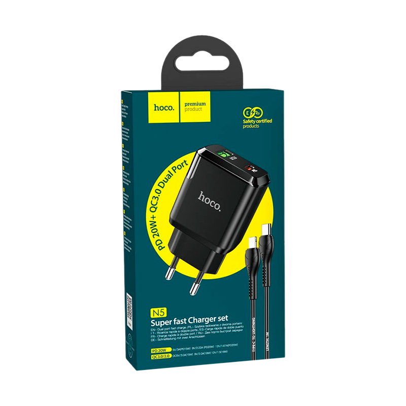 Сетевое З/У HOCO N5 1USB/Type-C 3.0A 20W PD3.0 черный (1/12/120)