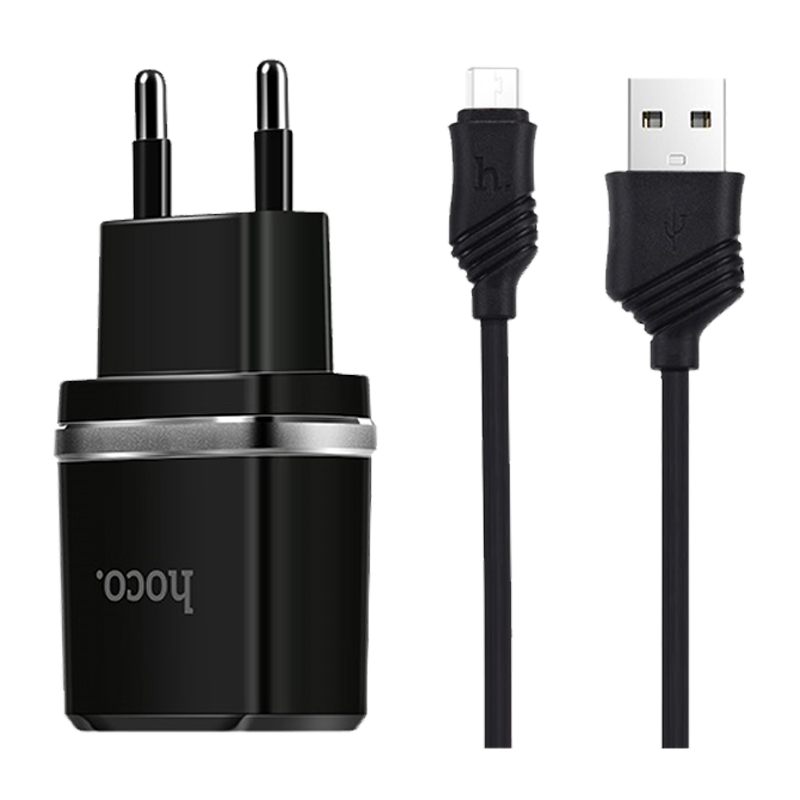 Сетевое З/У HOCO C12 2USB 2.4A с кабелем microUSB черный (1/10/100)