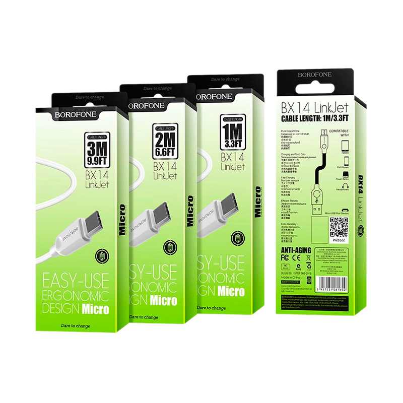 Кабель Borofone BX14 USB (m)-microUSB (m) 1.0м 2.0A ПВХ белый (1/360)
