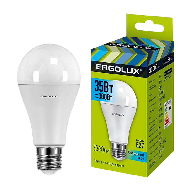 Лампа светодиодная Ergolux A70 E27 35W 4500К груша (1/10/100)
