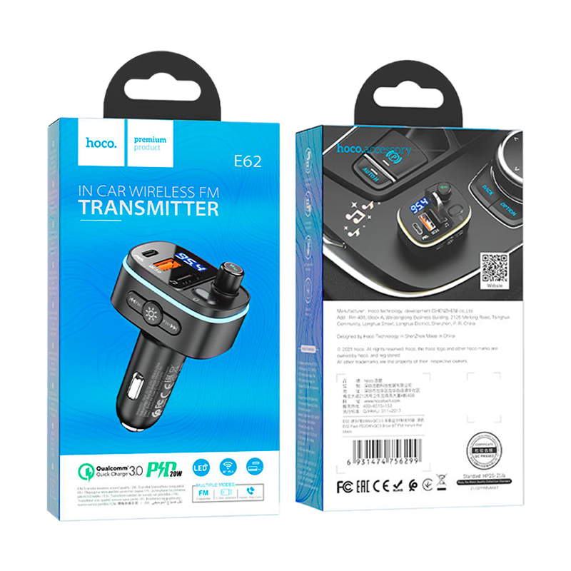 FM-трансмиттер HOCO E62 2USB+Type-C microSD bluetooth 5.0 черный (1/120)