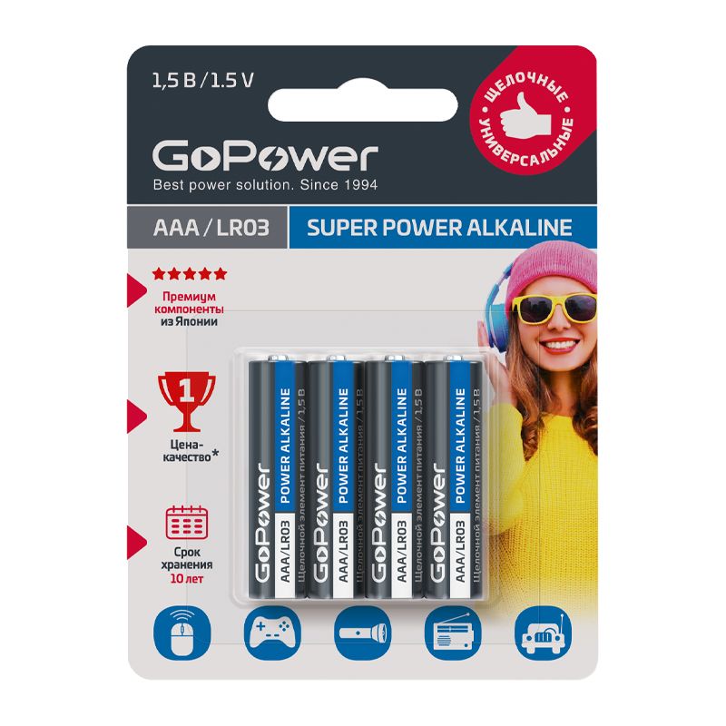 Батарейка GoPower LR03 AAA BL4 Alkaline 1.5V (4/48/576)