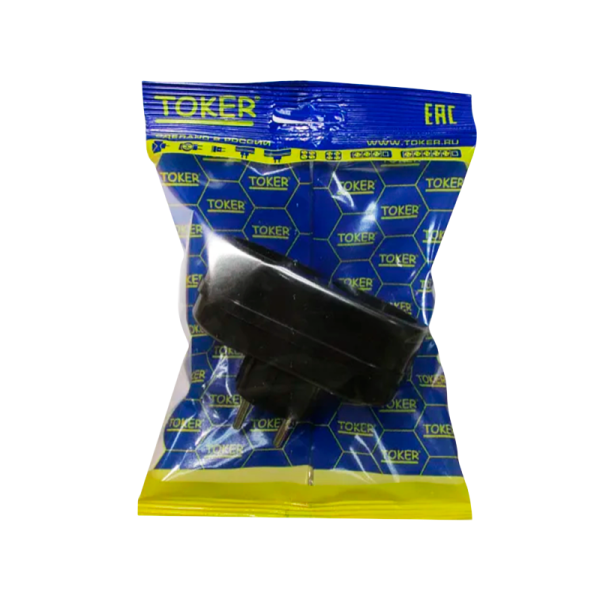 Разветвитель Toker 2Т 2р.Б/З в индивидуальной упаковке с подвесом черный (1/50)