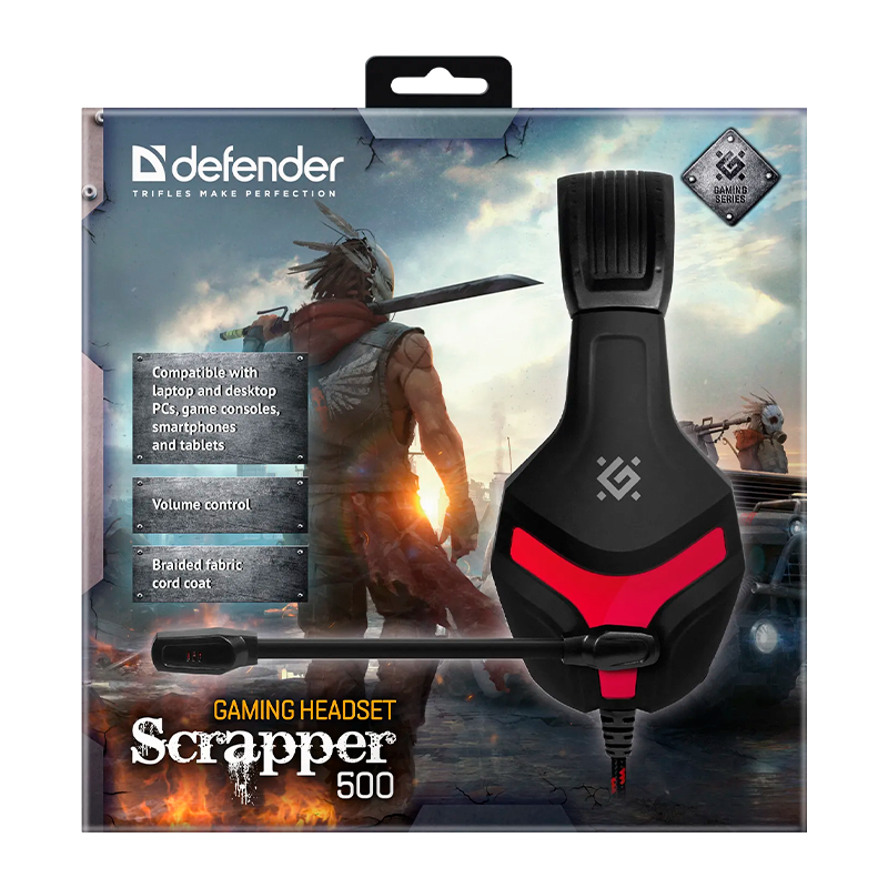 Наушники полноразмерные Defender Scrapper 500 с микр. игровые черный красный (1/16)