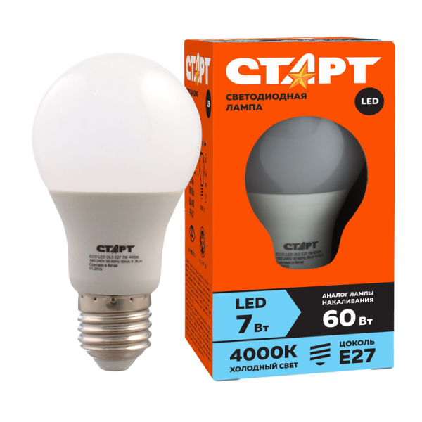 Лампа светодиодная Старт GLS E27 7W 4000К 220V груша Eco матовая (1/10/100)