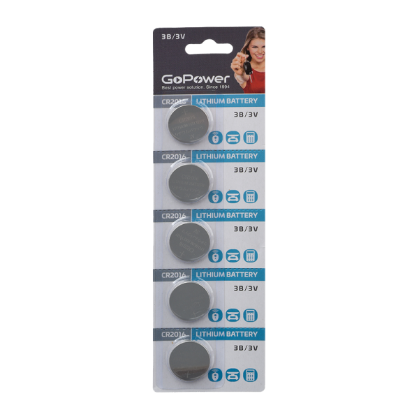 Батарейка GoPower CR2016 BL5 Lithium 3V (5/100/2000)