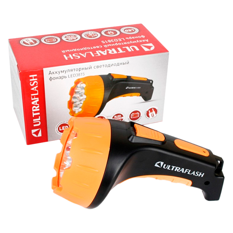 Фонарь туристический Ultraflash LED3815 2W 15LED от аккумулятора IP22 прямая подзарядка черный желты