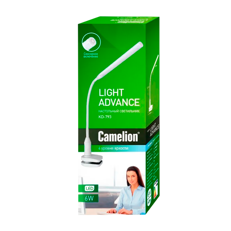 Светильник настольный Camelion KD-793 6W 230V 1LED струбцина сенс. 4 ур.ярк. +лампа белый (1/12)