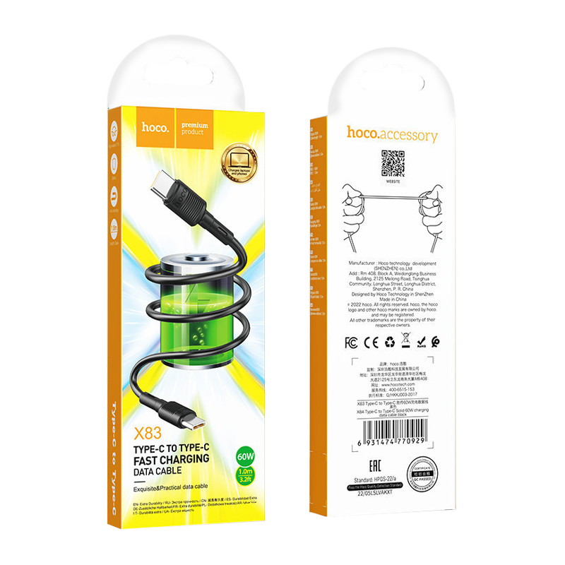 Кабель HOCO X83 Type-C (m)-Type-C (m) 1.0м 3.0A 60W ПВХ черный (1/33/330)