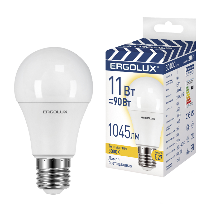 Лампа светодиодная Ergolux A60 E27 11W 3000К 180-240V груша ЛОН ПРОМО (1/10/100)