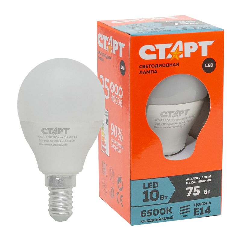 Лампа светодиодная Старт E14 10W 6500К 220-240V шар Eco матовая (1/10/100)