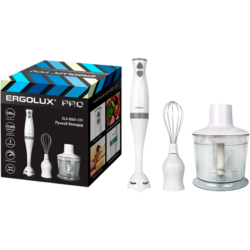 Блендерный набор Ergolux ELX-BS01-C31 500W 2 скорости (блендер, миксер, чоппер) белый (1/8)
