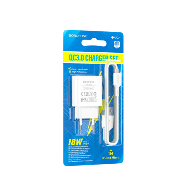 Сетевое З/У Borofone BA72A 1USB 18W QC3.0 с кабелем Type-C белый (1/60/240)