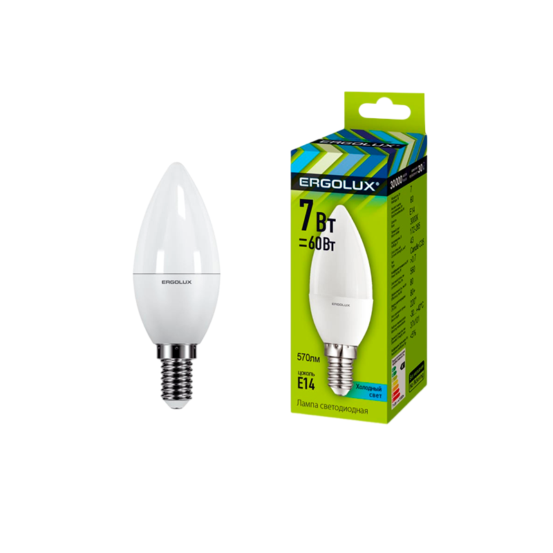 Лампа светодиодная Ergolux C35 E14 7W 3000К 172-265V свеча (1/10/100)