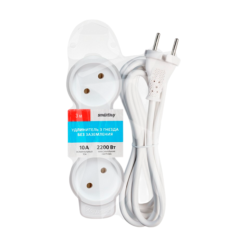 Удлинитель Smartbuy NEW 3р.Б/З 10A 3.0м ПВС 2x1мм² белый (1/50)