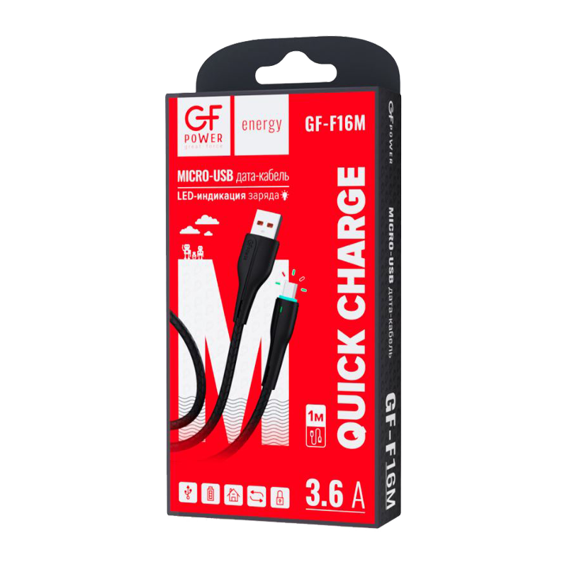 Кабель GFPower F16M USB (m)-microUSB (m) 1.0м 3.6A ПВХ индикация черный (1/120/480)
