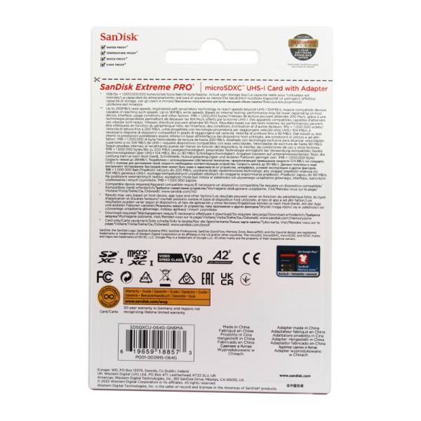 Карта памяти microSD SanDisk Extreme Pro 64GB Class10 A2 UHS-I (U3) 200 МБ/сек CN (Китай) с адаптеро