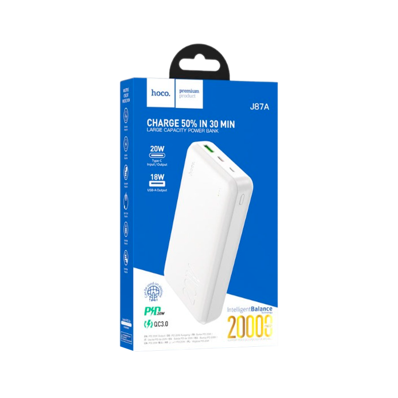 Внешний аккумулятор HOCO J87A 20000mAh 3.0A 20W 2USB/Type-C PD3.0 белый (1/36)