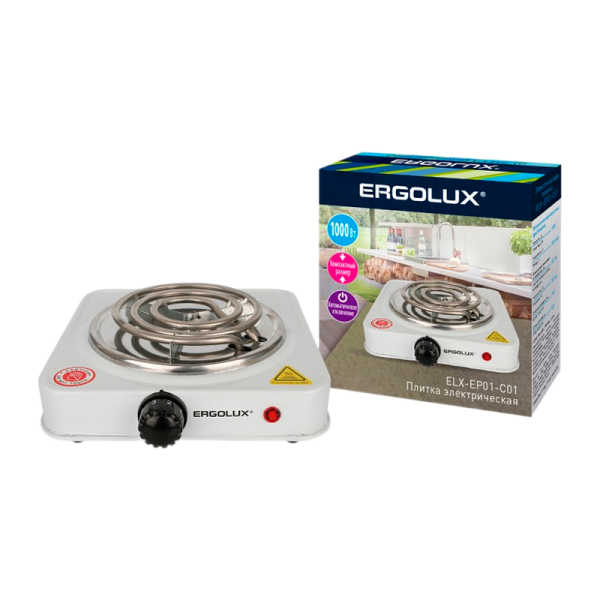 Электроплитка Ergolux ELX-EP01-C01 1 конф., спиральный нагр.эл.1000Вт, 220-240В белая (1/12)