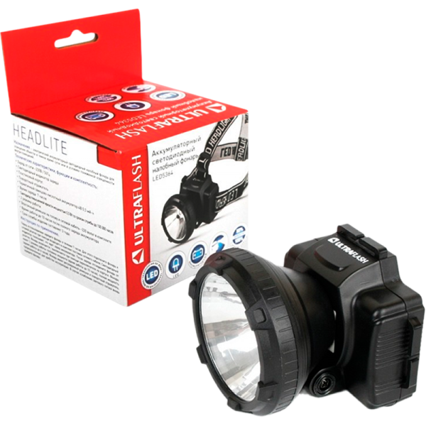 Фонарь налобный Ultraflash LED5364 0.5W 1LED от аккумулятора 2 режима черный (1/5/100)