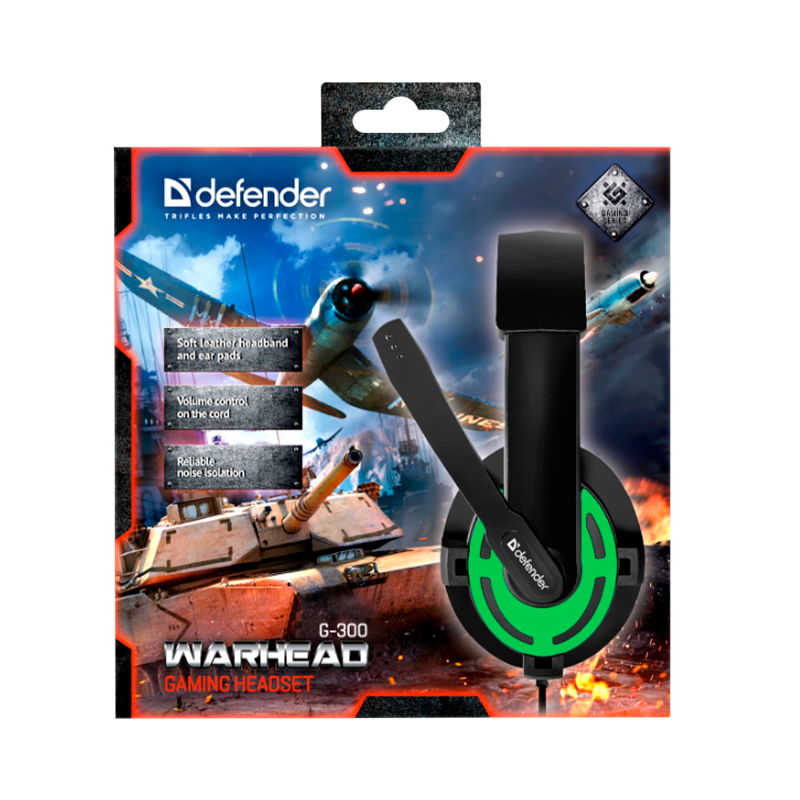 Наушники полноразмерные Defender G-300 Warhead с микр. игровые черный зеленый (1/20)