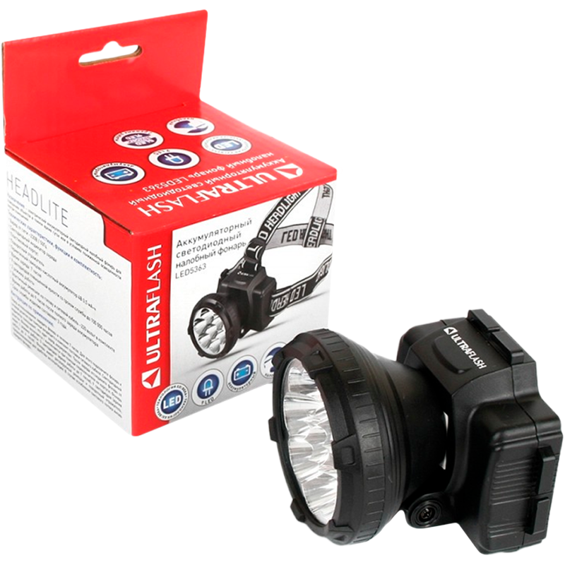 Фонарь налобный Ultraflash LED5363 1.2W 9LED от аккумулятора 2 режима черный (1/5/100)