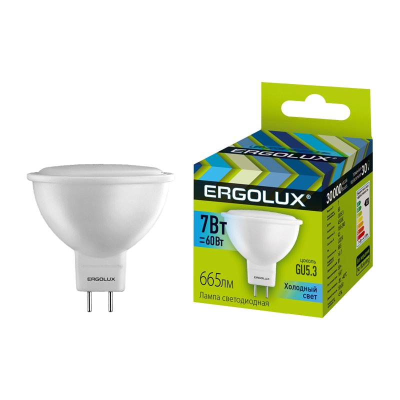 Лампа светодиодная Ergolux JCDR GU5.3 7W 4500К 180-240V софит (1/10/100)