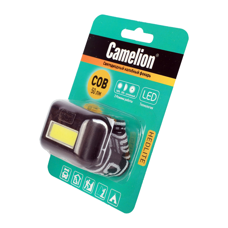 Фонарь налобный Camelion LED5355 1LED+COB от батареек IPX4 черный (1/10/100)