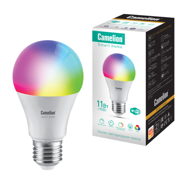 Лампа светодиодная Camelion A60 E27 11W 220V груша Smart Home RGB+WiFi (1/10/100)
