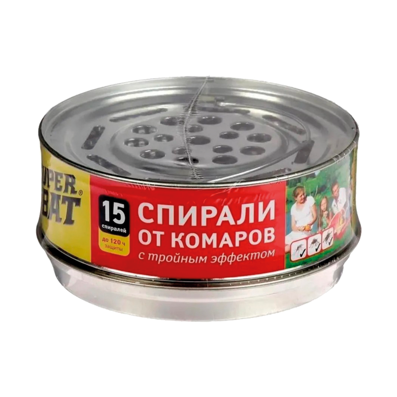 Спирали SuperBAT от комаров бездымные, тройного действия 15шт. красный в металической банке (1/24)
