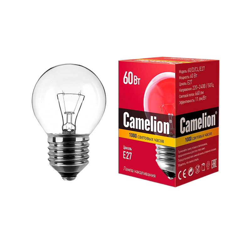 Лампа накаливания Camelion E27 60W 220V шар прозрачная (1/100)